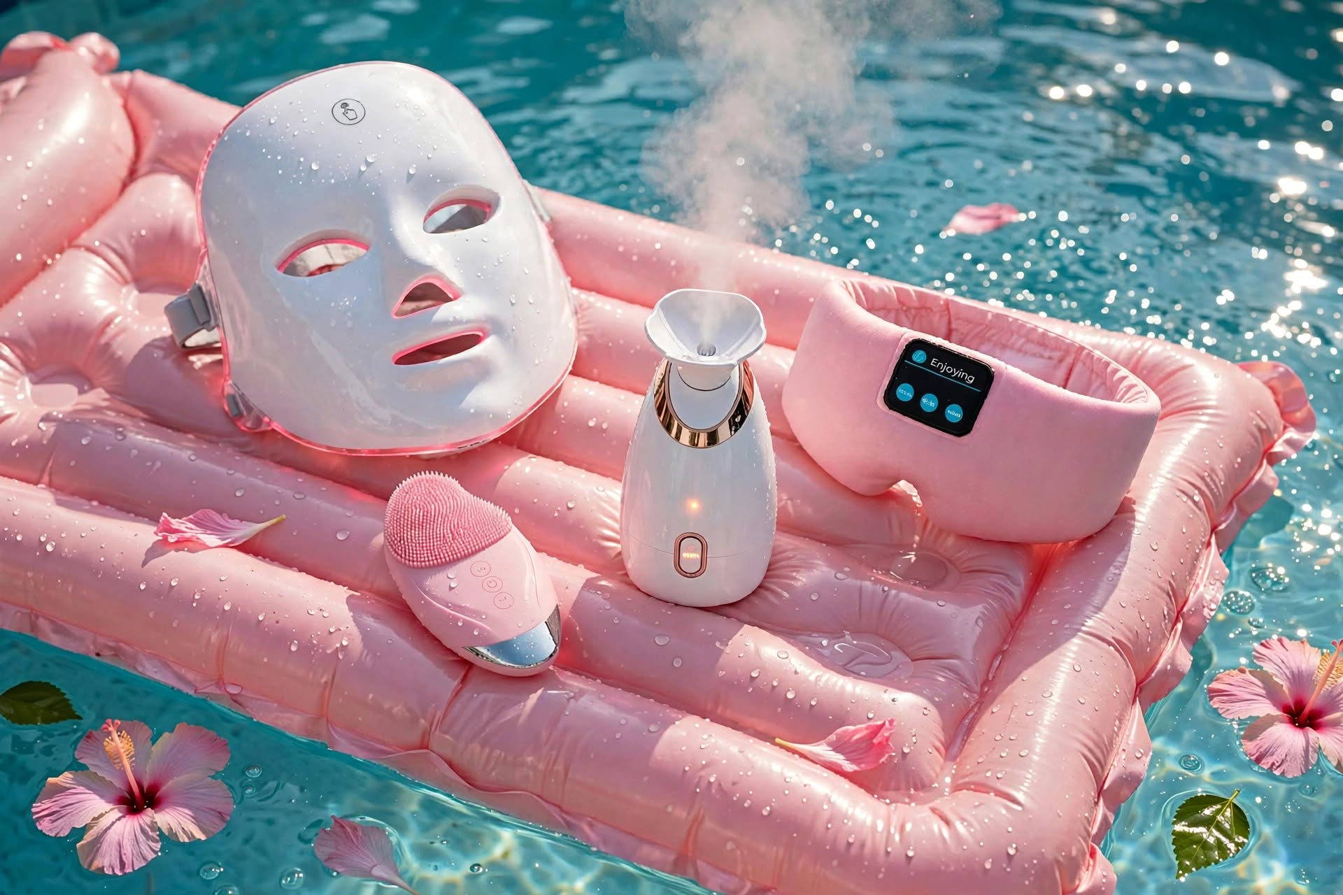 Nuvano beauty devices arranged on a pink pool floatie